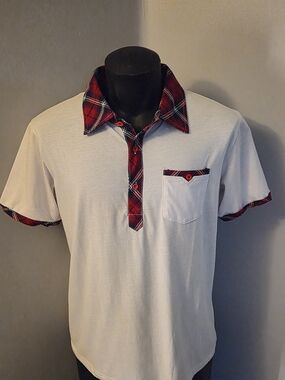 Men's White Polo with Red Plaid Collar and Trim